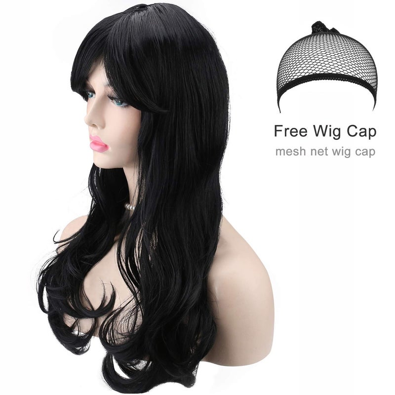 Akstore 28 inch Fashion Wigs Long Wavy Curly Hair Cosplay Wig & Wig Cap (Black) - Image 3